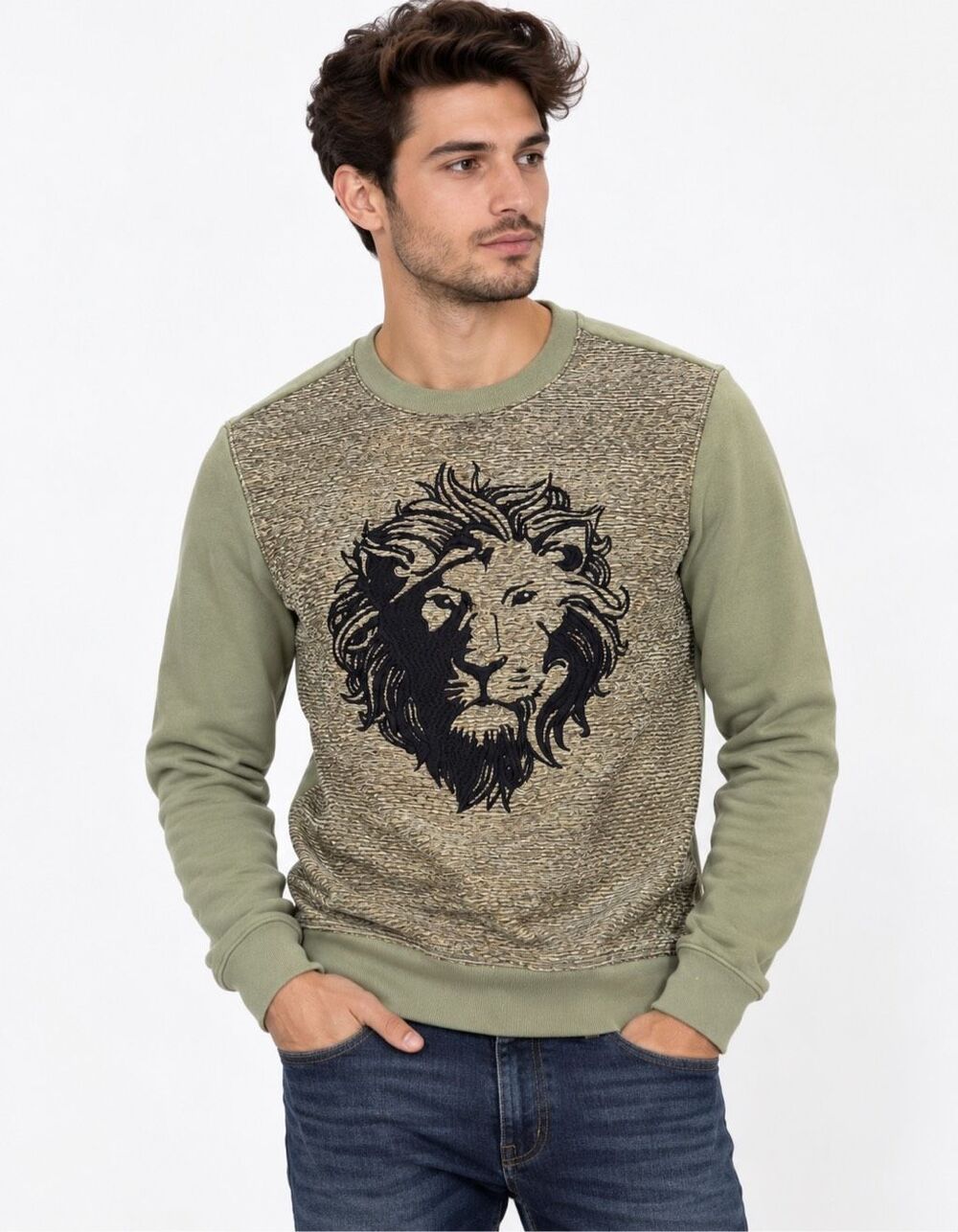 Versus Versace Lion Embroidered Olive Green Crewneck Sweatshirt Mens S